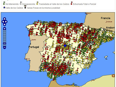 Mapa de las fosas publicado en la web www.memoriahistorica.gob.es con su correspondiente leyenda.