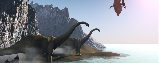 Recreación de dos dinosaurios saurópodos y un pterosaurio. THINKSTOCK