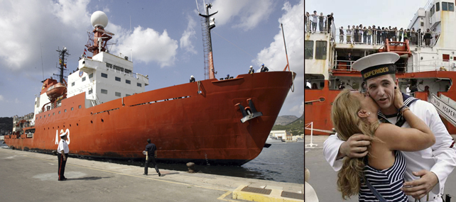 El Buque de Investigación Oceanográfica Hespérides a su llegada hoy al Arsenal de Cartagena tras finalizar la expedición de circunnavegación Malaspina 2010.