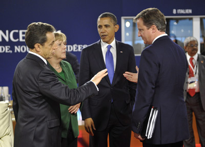 Sarkozy, Merkel, Obama y Cameron, antes de la reunión del G-20 en Cannes, en diciembre de 2011.-