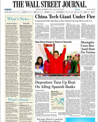 Portada de 'The Wall Street Jornal' con la información sobre las preferentes (debajo de la foto de Chávez).