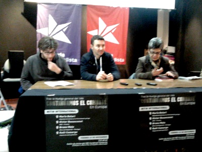 Miguel Urbán, Olivier Besancenot y Maria Bolari en la rueda de prensa.