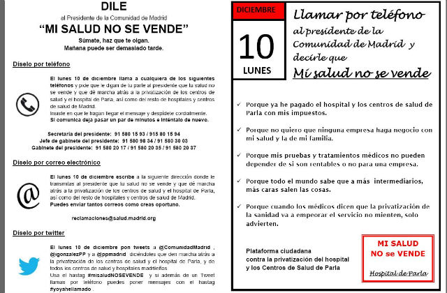 Folleto de la campaña 'Mi salud no se vende' contra la privatización de la sanidad en Madrid.