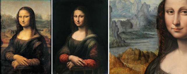 De izquierda a derecha: La Gioconda del Louvre, el cuadro del Prado antes de la restauración y un detalle tras ser restaurado.