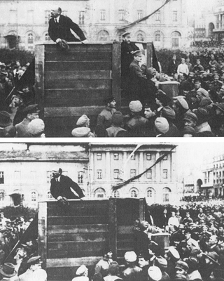 Fotografía manipulada por el régimen de Stalin. La superior, con Trotski, que en la de abajo ha desaparecido.