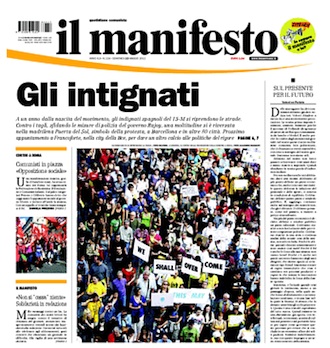 Portada de 'Il Manifesto' dedicada en exclusiva al aniversario #12M15M
