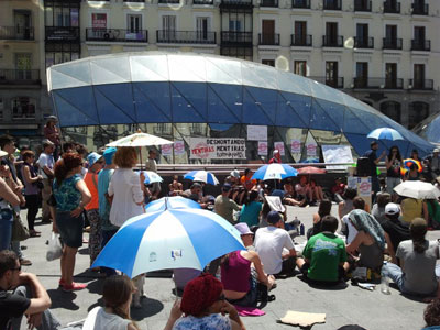 Asamblea del grupo de trabajo de Economía del 15-M celebrada esta mañana en la madrileña Puerta del Sol.