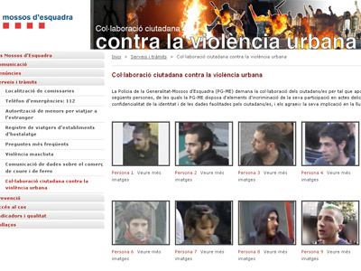 Detalle de la web creada por los mossos para identificar 'violentos'.