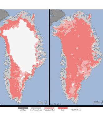 Las imágenes de los ssatélites de la NASA mostraron el rápido deshielo en Groenlandia entre el 8 y el 12 de este mes. NASA