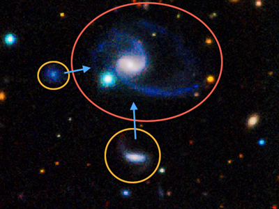 La galaxia GAMA202627 en compañía de otras dos más pequeñas que simulan a las Nubes de Magallanes respecto a la Vía Láctea. DR. AARON ROBOTHAM / ICRAR / ST. ANDREWS