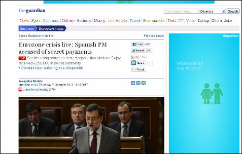 Crisis de la Eurozona en directo: El presidente español, acusado de cobros secretos, titula The Guardian.