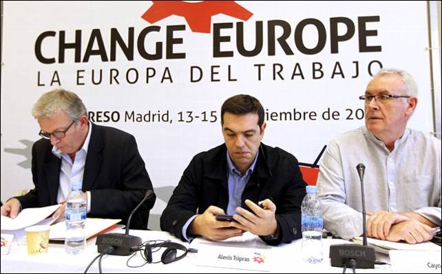 Laurent, Tsipras y Lara, antes de comenzar la reunión de presidentes del PIE en la sede de IU en Madrid.- EFE