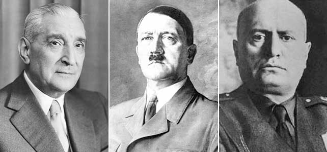 De izquierda a derecha: António Oliveira Salazar, Adolf Hitler y Benito Mussolini.