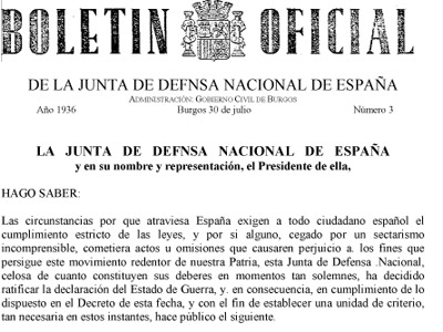 Portada del Bando de Guerra de julio del 36, primera norma de la España franquista.