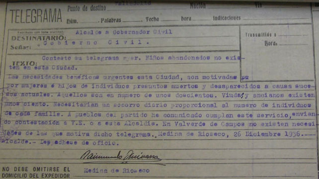 Telegrama del alcalde de Medina de Rioseco al Gobernador Civil en diciembre de 1936