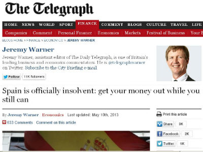 Imagen del artículo de 'The Telegraph' que critica la situación financiera de España.