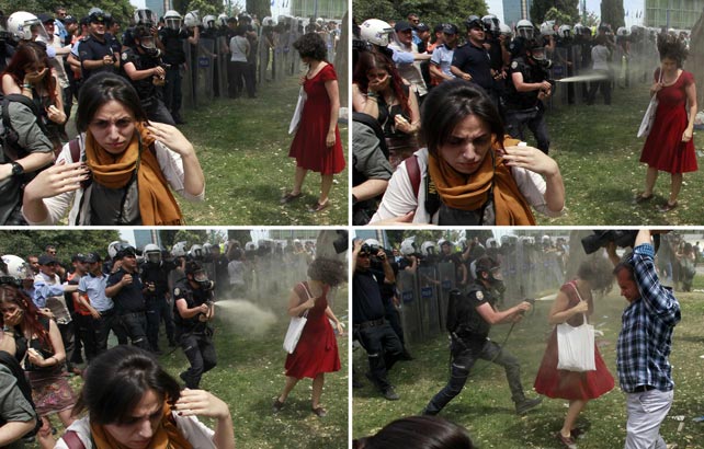 Secuencia en la que un policía dispara gases lacrimógenos contra una mujer en la Plaza Taksim. REUTERS