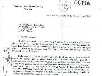 Imagen del burofax donde el ex presidente del PP de Tenerife le anuncia su baja como militante a Rajoy.