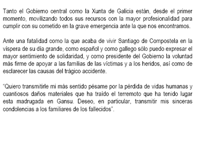 Pésame de Rajoy a las víctimas del terremoto de Gansu, China.