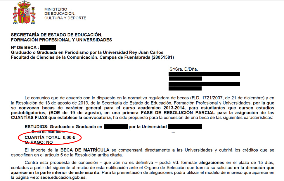 Detalle de una de las cartas del Ministerio de Educaciòn denegando la concesión de la beca.