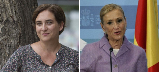 La candidata de Guanyem Ada Colau (i) y la delegada del Gobierno en Madrid, Cristina Cifuentes (d).
