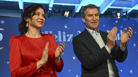 Isabel Díaz Ayuso y Alberto Núñez Feijóo durante la cena de Navidad del PP de Madrid.