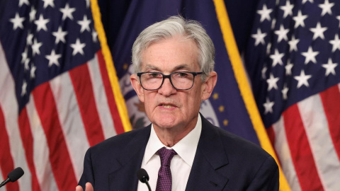 El presidente de la Fed, Jerome Powell, durante la rueda de prensa donde ha anunciado la bajada de tipos.