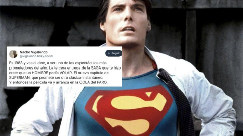 Christopher Reeve como Superman junto a un post de Nacho Vigalondo en Bluesky