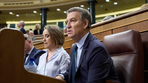 La secretaria general del PP, Cuca Gamarra y el presidente del PP, Alberto Núñez Feijóo, durante una sesión de control al Gobierno, en el Congreso de los Diputados, a 18 de diciembre de 2024, en Madrid (España). Durante la sesión de control, el PP se centra en los escándalos judiciales que afectan al Ejecutivo como la esposa del presidente del Gobierno o el ‘caso Koldo’. Mientras se desarolla la sesión plenaria en el Congreso, la esposa del presidente acude a declarar ante el juez Peinado que la investiga por tráfico de influencias y corrupción en negocios.Jesús Hellín / Europa Press18 DICIEMBRE 2024;PLENO CONGRESO;SESIÓN DE CONTROL;SANCHEZ;FEIJOO18/12/2024