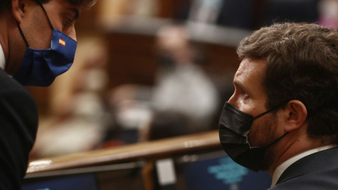 Pablo Casado, presidente del PP, en su escaño del Congreso. EFE