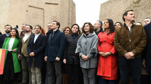 Fotografía del acto en la plaza Colón de Madrid convocado por PP, Vox y Ciudadanos el 10 de febrero de 2019 para protestar por el diálodo de Sánchez con los independentistas. / EFE