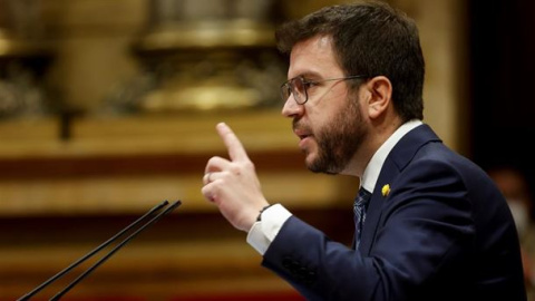 El presidente catalán, Pere Aragonès, durante su discurso de investidura en 2021.- EFE