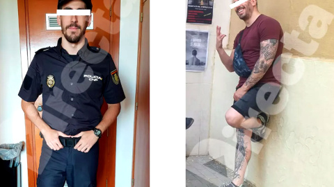  A la izquierda, el agente D. H. P. durante su paso por la escuela de policía de Ávila. En la imagen de la derecha se pueden apreciar los tatuajes que se realizó entre 2020 y 2021.- LA DIRECTA