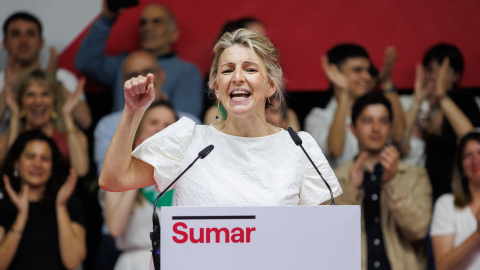  La vicepresidenta segunda y ministra de Trabajo y Economía Social, Yolanda Díaz, interviene durante el acto 'Empieza todo' de la plataforma Sumar, en el que Díaz presenta su candidatura para la presidencia del Gobierno en las próximas elecciones gene