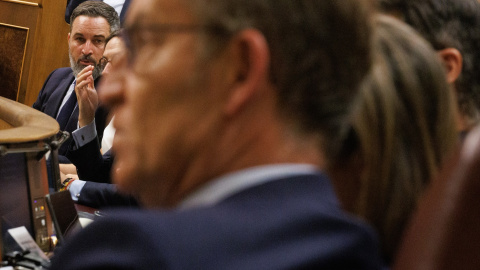  El líder de VOX, Santiago Abascal, durante una sesión plenaria en la se aprueba el uso de las lenguas cooficiales en el Congreso de los Diputados, a 19 de septiembre de 2023, en Madrid (España). Eduardo Parra / Europa Press