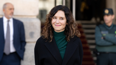 La presidenta de la Comunidad de Madrid, Isabel Díaz Ayuso, antes de recibir al equipo, directiva y cuerpo técnico del Real Madrid, en la Real Casa de Correos, tras ganar la Copa del Rey de Baloncesto. EUROPA PRESS/Diego Radamés