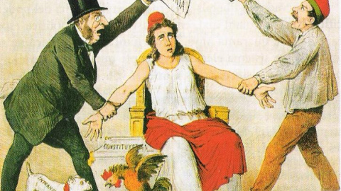 Caricatura de La Republica Española entre los unitarios y los federalistas.