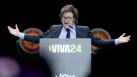 El presidente de Argentina, Javier Milei, durante el acto ‘Viva 24’ de VOX, en el Palacio de Vistalegre el 19 de mayo de 2024.