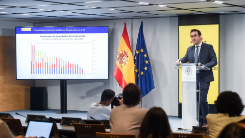 El ministro de Economía, Comercio y Empresa, Carlos Cuerpo, durante una rueda de prensa, en la sede del Ministerio, en Madrid (España).- Gustavo Valiente / Europa Press