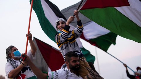 Una familia ondea las banderas en defensa de Palestina. - Alberto Valdes / EFE