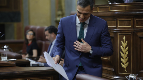 El presidente del Gobierno, Pedro Sánchez, tras intervenir en el Congreso para presentar el plan de calidad democrática. - EFE/ Zipi Aragon