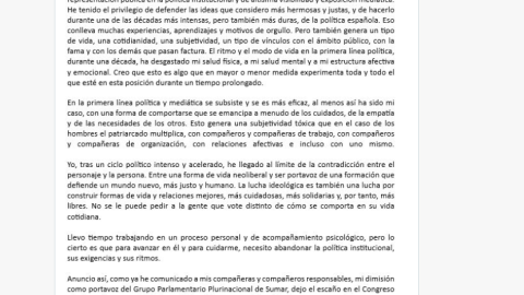  Imagen del post en X con el comunicado de Íñigo Errejón