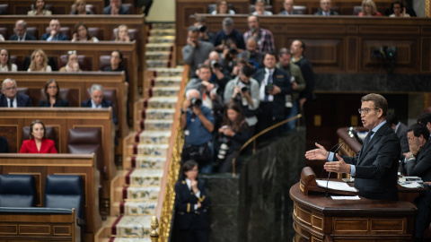  El líder del PP, Alberto Núñez Feijóo, interviene durante una sesión plenaria, a 14 de marzo de 2024, en Madrid.- EP