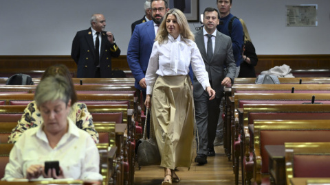  La vicepresidenta segunda y ministra de Trabajo y Economía Social, Yolanda Díaz, durante su comparecencia este viernes ante la comisión correspondiente del Senado. EFE/ Fernando Villar