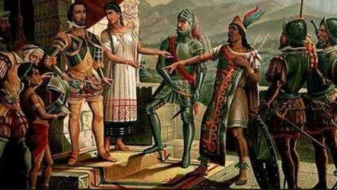 Pintura que recrea el encuentro entre Hernán Cortés y Moctezuma.