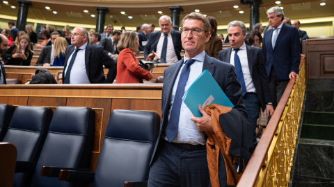  El líder del Partido Popular, Alberto Núñez Feijóo, abandona el hemiciclo tras el debate sobre la proposición de ley de amnistía celebrado en el pleno del Congreso de los Diputados, en Madrid. Fernando Villar | EFE