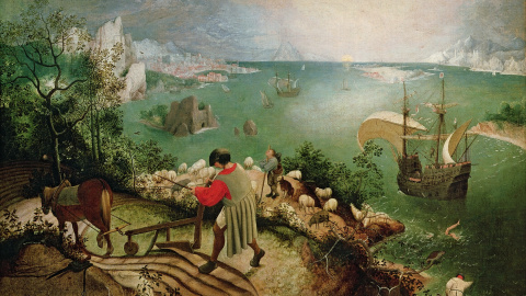  XIR3675 Landscape with the Fall of Icarus, c.1555 (oil on canvas) by Bruegel, Pieter the Elder (c.1525-69); 73.5x112 cm; Musees Royaux des Beaux-Arts de Belgique, Brussels, Belgium; (add.info.: Icarus seen with his legs thrashing in the sea;); Giraudon; 