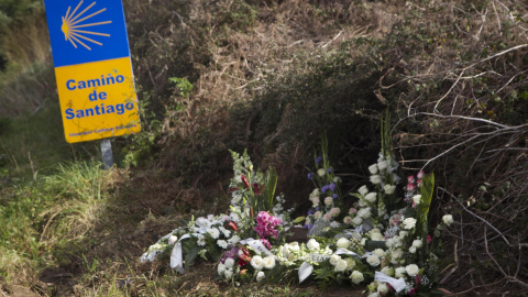 Flores dejadas en el lugar donde se produjo la muerte de Jéssica Méndez de 29 años, en la localidad pontevedresa de Barro. EFE/ Salvador Sas