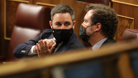  El presidente de Vox, Santiago Abascal (i), y el portavoz parlamentario de Vox, Iván Espinosa de los Monteros (d), en una sesión plenaria en el Congreso de los Diputados.- Isabel Infantes / Europa Press