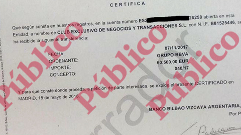 Fragmento de uno de los certificados emitidos por el BBVA sobre los ingresos de 60.500 euros en la cuenta corriente del excomisario Villarejo.